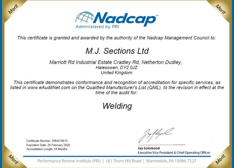 MJ Sections | We are very proud to announce that we have just been recertified by Nadcap 0
